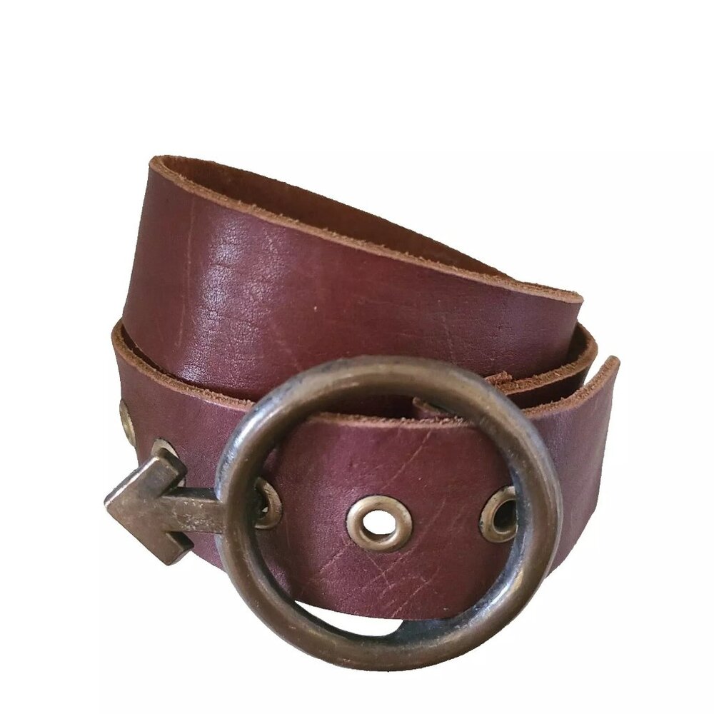Vintage 26" Leather Belt Brass Tone Belt Buckle Men Symbol 22 24 28